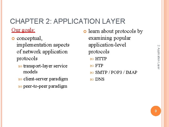 CHAPTER 2: APPLICATION LAYER transport-layer service models client-server paradigm peer-to-peer paradigm learn about protocols