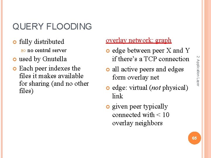 QUERY FLOODING fully distributed no central server 2: Application Layer used by Gnutella Each