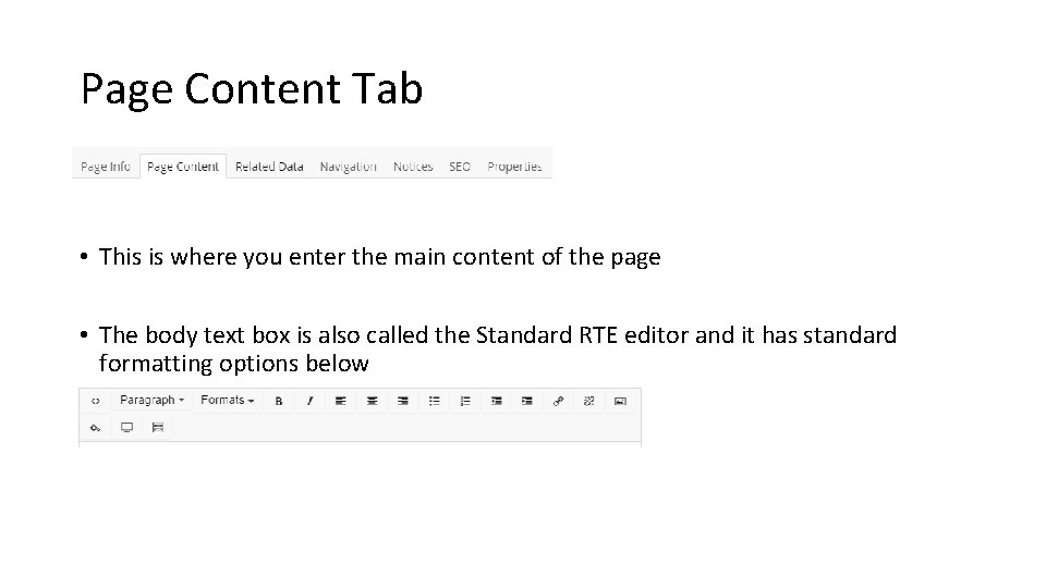 Page Content Tab • This is where you enter the main content of the