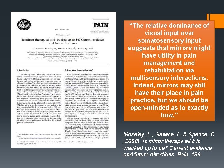 “The relative dominance of visual input over somatosensory input suggests that mirrors might have