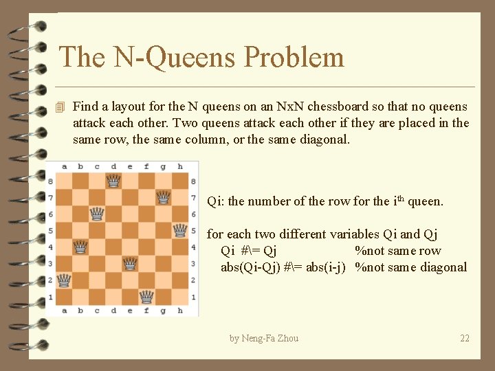 The N-Queens Problem 4 Find a layout for the N queens on an Nx.