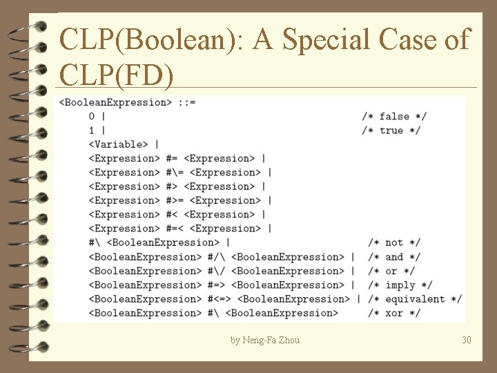 CLP(Boolean): A Special Case of CLP(FD) by Neng-Fa Zhou 30 