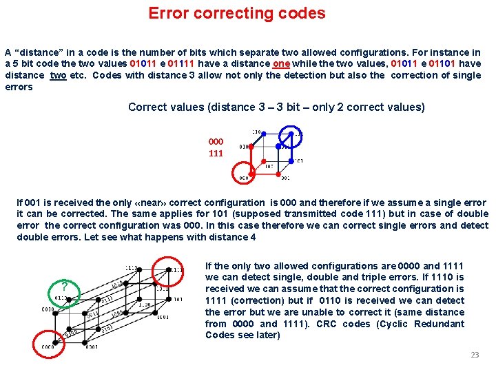Error correcting codes A “distance” in a code is the number of bits which