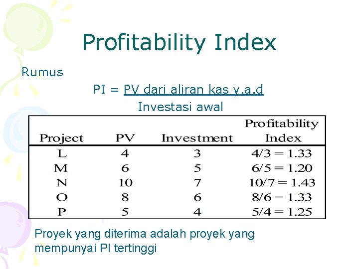 Profitability Index Rumus PI = PV dari aliran kas y. a. d Investasi awal