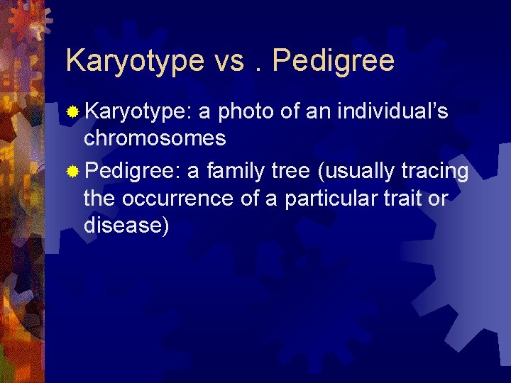 Karyotype vs. Pedigree ® Karyotype: a photo of an individual’s chromosomes ® Pedigree: a