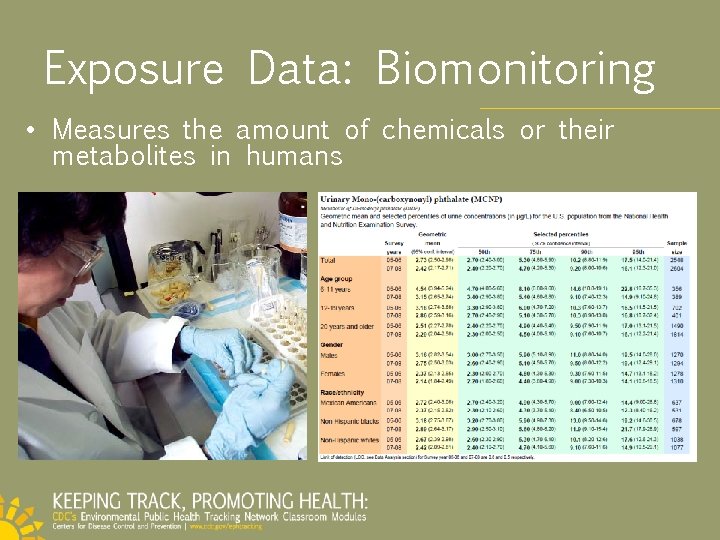 Exposure Data: Biomonitoring • Measures the amount of chemicals or their metabolites in humans