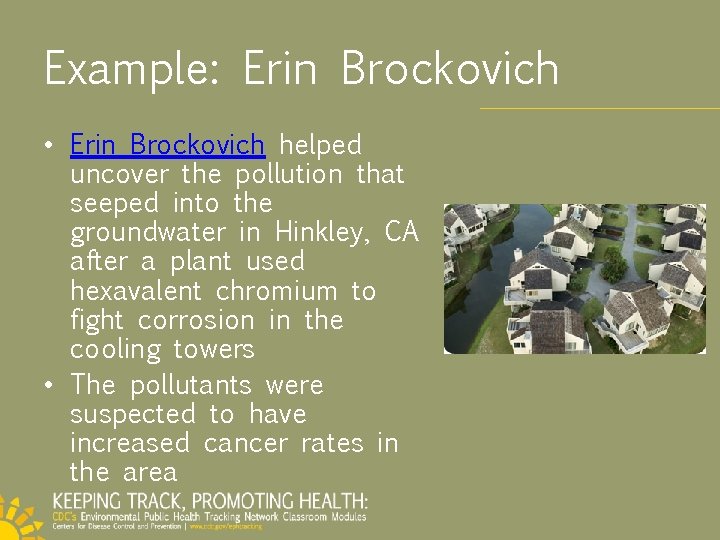 Example: Erin Brockovich • Erin Brockovich helped uncover the pollution that seeped into the