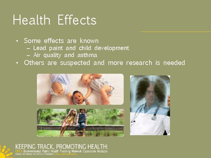 Health Effects • Some effects are known – Lead paint and child development –