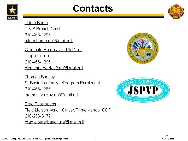 Contacts Uttam Barua F & B Branch Chief 210 -466 -1293 uttam. barua. naf@mail.