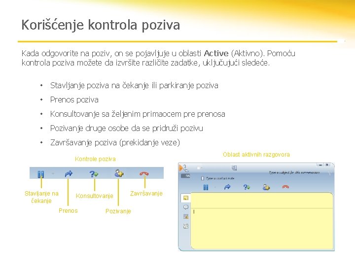 Korišćenje kontrola poziva Kada odgovorite na poziv, on se pojavljuje u oblasti Active (Aktivno).