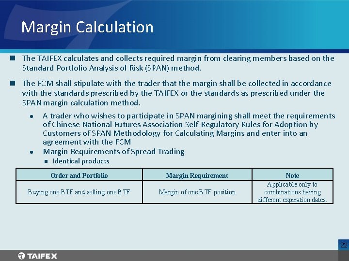 Margin Calculation n The TAIFEX calculates and collects required margin from clearing members based