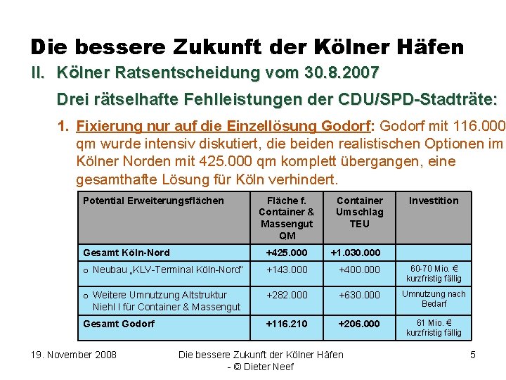Die bessere Zukunft der Kölner Häfen II. Kölner Ratsentscheidung vom 30. 8. 2007 Drei