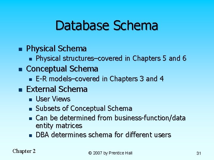 Database Schema n Physical Schema n n Conceptual Schema n n Physical structures–covered in