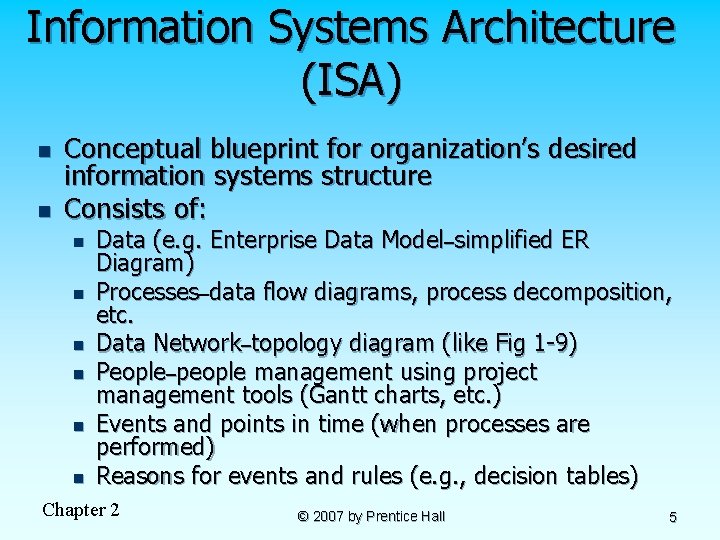 Information Systems Architecture (ISA) n n Conceptual blueprint for organization’s desired information systems structure