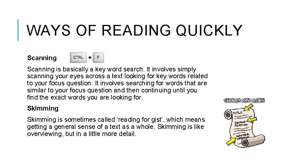 WAYS OF READING QUICKLY Scanning is basically a key word search. It involves simply WAYS OF READING QUICKLY Scanning is basically a key word search. It involves simply