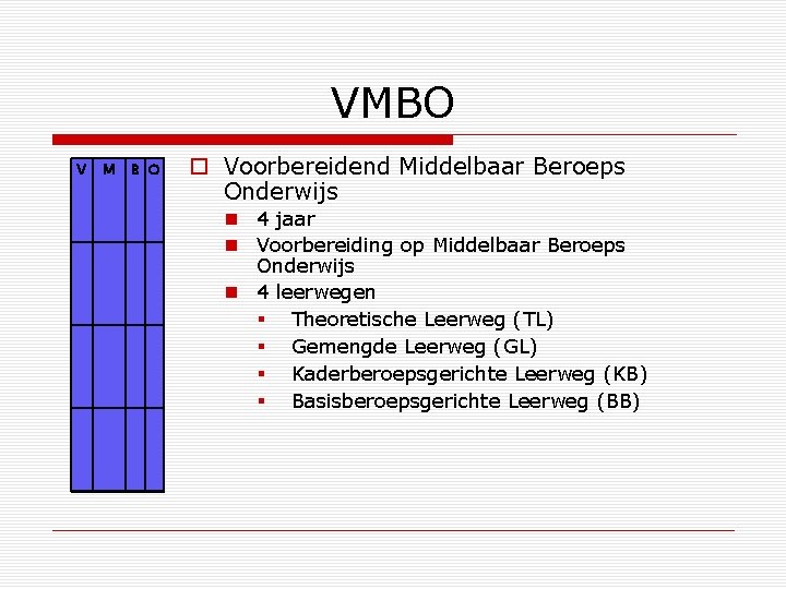 VMBO V M B O o Voorbereidend Middelbaar Beroeps Onderwijs n 4 jaar n