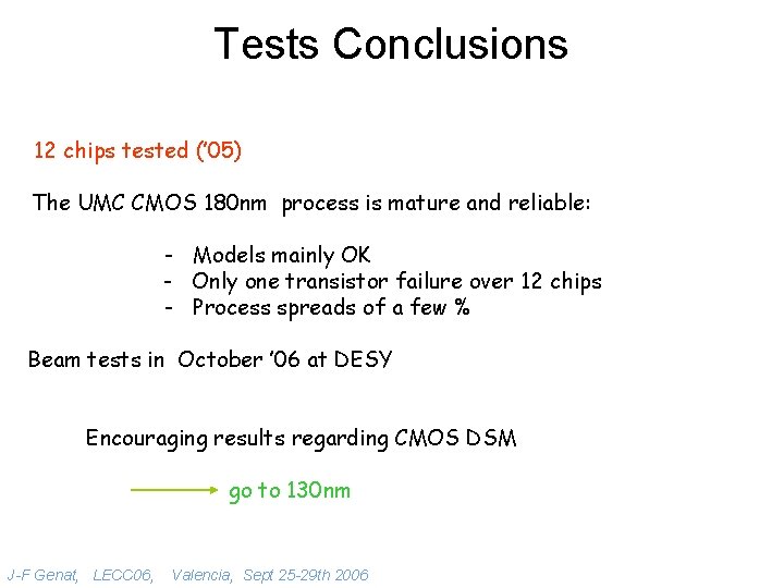 Tests Conclusions 12 chips tested (’ 05) The UMC CMOS 180 nm process is