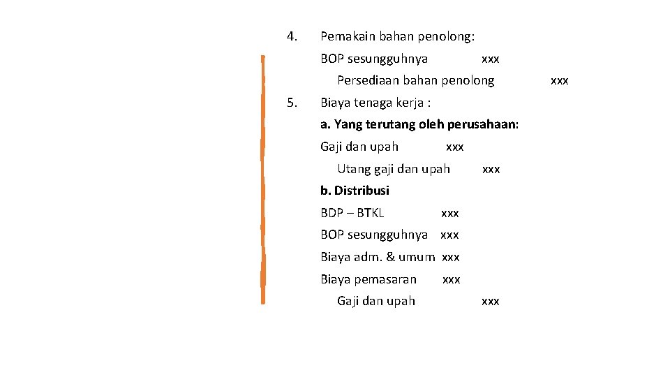 4. Pemakain bahan penolong: BOP sesungguhnya xxx Persediaan bahan penolong 5. Biaya tenaga kerja