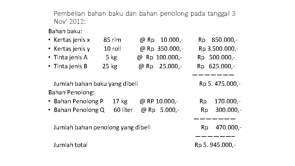 Pembelian bahan baku dan bahan penolong pada tanggal 3 Nov’ 2012: Bahan baku: •