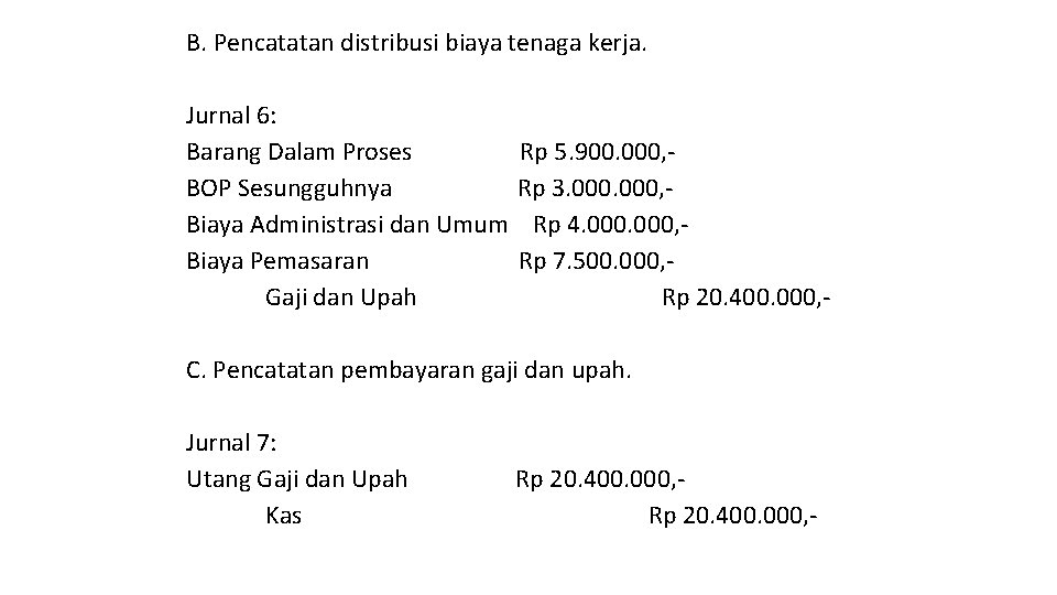 B. Pencatatan distribusi biaya tenaga kerja. Jurnal 6: Barang Dalam Proses BOP Sesungguhnya Biaya