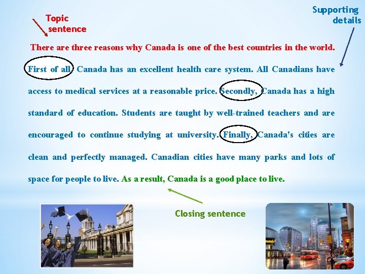 Supporting details Topic sentence There are three reasons why Canada is one of the