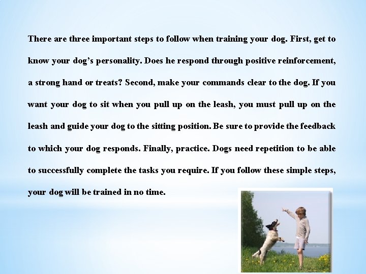 There are three important steps to follow when training your dog. First, get to