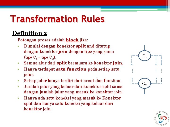 Transformation Rules Definition 2: Potongan proses adalah block jika: • Dimulai dengan konektor split