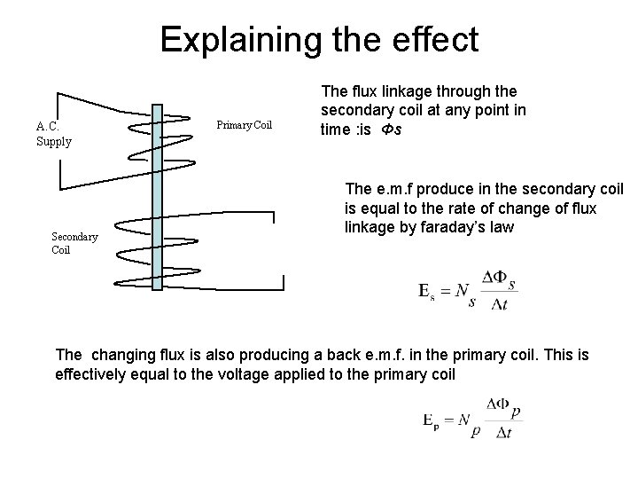 Explaining the effect A. C. Supply Secondary Coil Primary Coil The flux linkage through