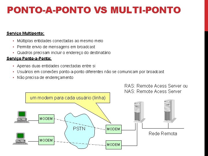 PONTO-A-PONTO VS MULTI-PONTO Serviço Multiponto: • Múltiplas entidades conectadas ao mesmo meio • Permite