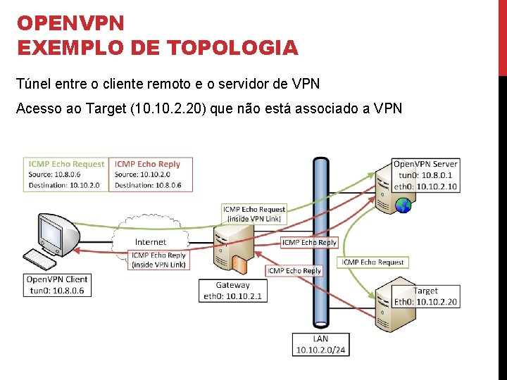 OPENVPN EXEMPLO DE TOPOLOGIA Túnel entre o cliente remoto e o servidor de VPN