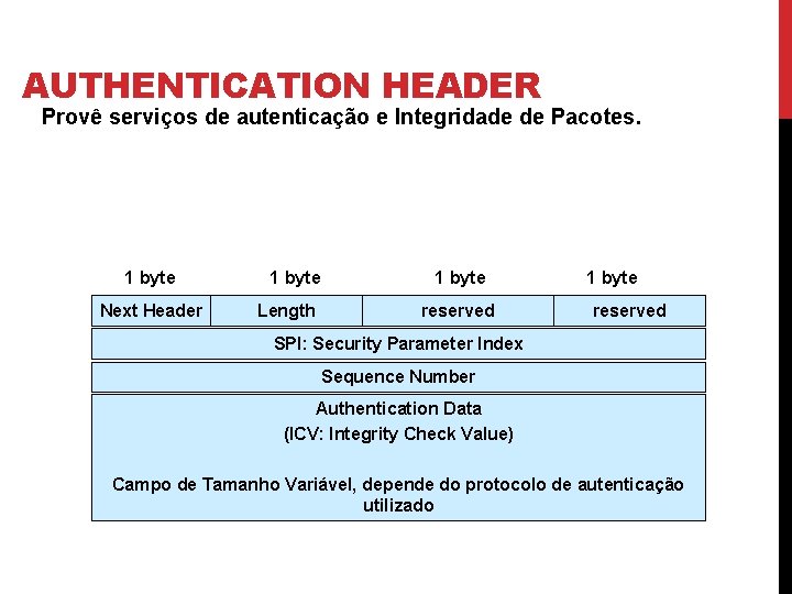 AUTHENTICATION HEADER Provê serviços de autenticação e Integridade de Pacotes. 1 byte Next Header