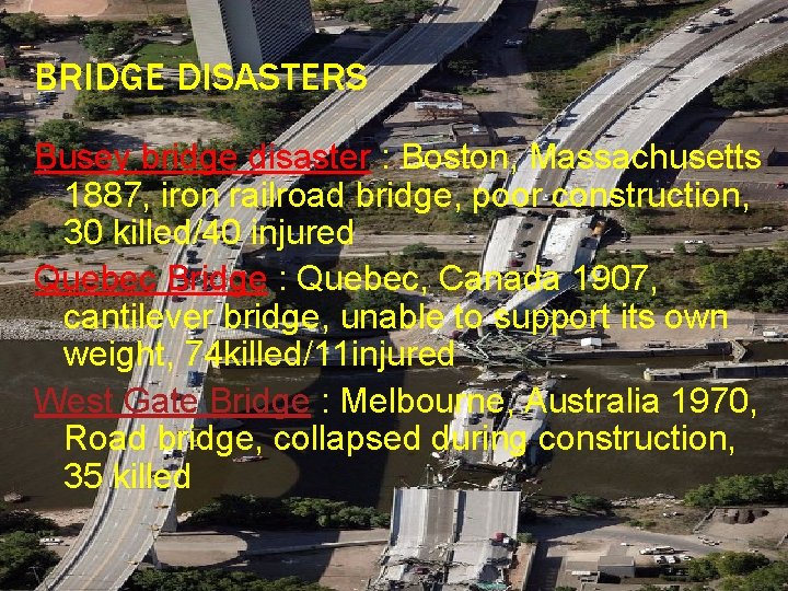 BRIDGE DISASTERS Busey bridge disaster : Boston, Massachusetts 1887, iron railroad bridge, poor construction,