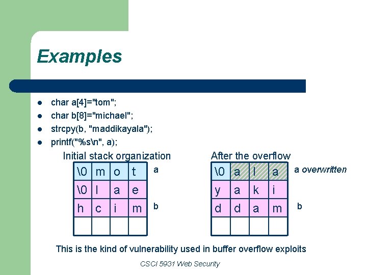 Examples l l char a[4]="tom"; char b[8]="michael"; strcpy(b, "maddikayala"); printf("%sn", a); Initial stack organization