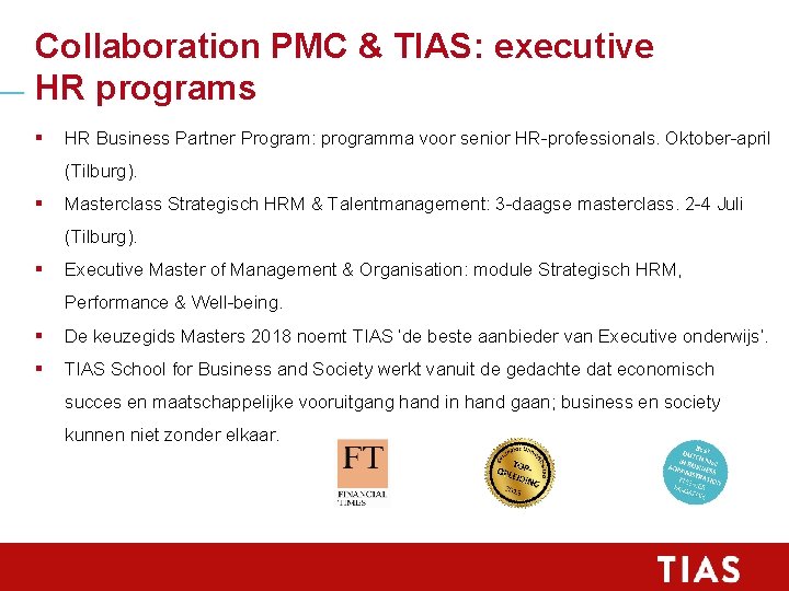 Collaboration PMC & TIAS: executive HR programs § HR Business Partner Program: programma voor