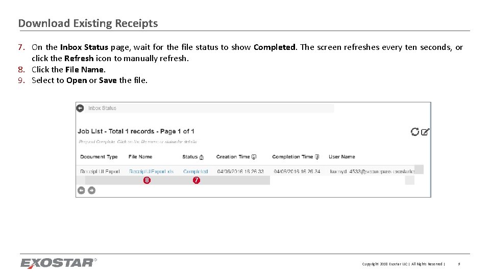 Download Existing Receipts 7. On the Inbox Status page, wait for the file status