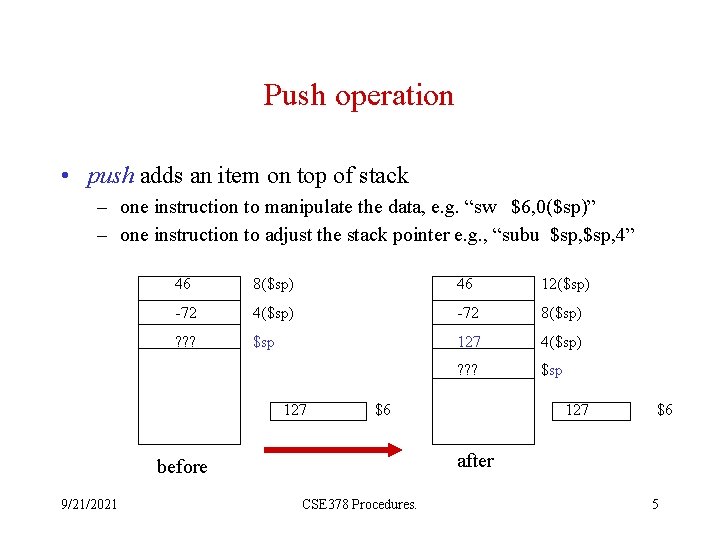 Push operation • push adds an item on top of stack – one instruction