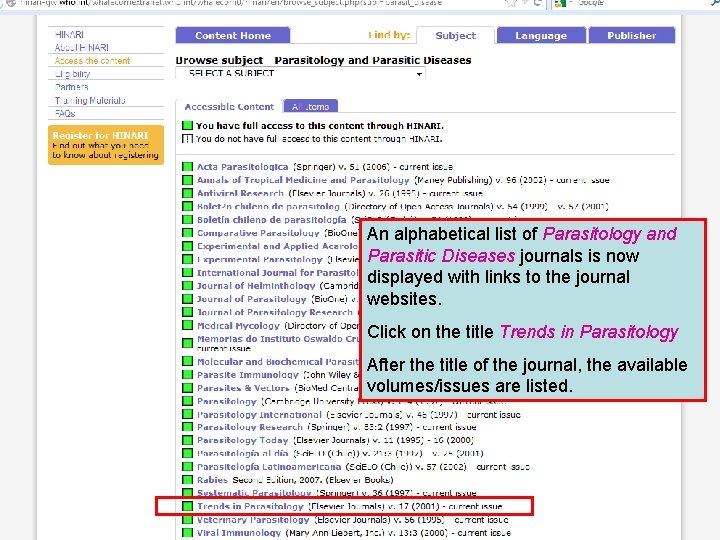 An alphabetical list of Parasitology and Parasitic Diseases journals is now displayed with links