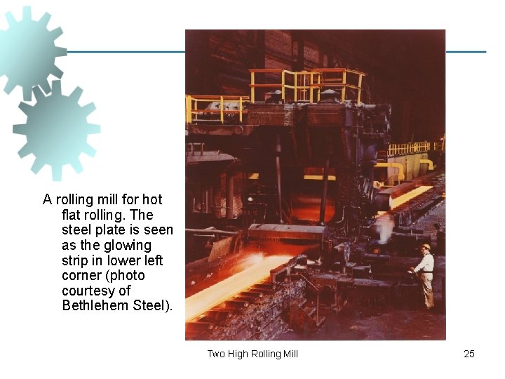 A rolling mill for hot flat rolling. The steel plate is seen as the