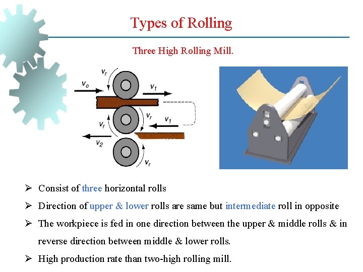 Types of Rolling Three High Rolling Mill. Ø Consist of three horizontal rolls Ø