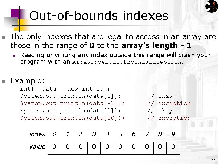 Out-of-bounds indexes n The only indexes that are legal to access in an array