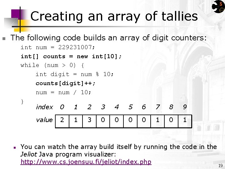 Creating an array of tallies n The following code builds an array of digit
