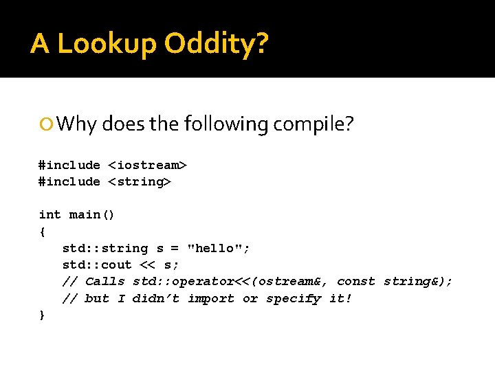 A Lookup Oddity? Why does the following compile? #include <iostream> #include <string> int main()