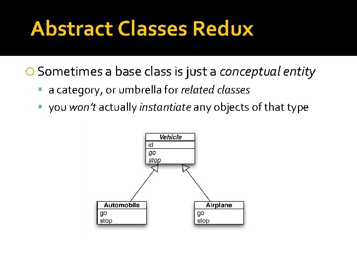 Abstract Classes Redux Sometimes a base class is just a conceptual entity a category,