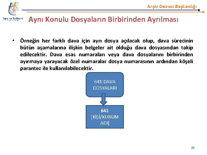 Arşiv Dairesi Başkanlığı Aynı Konulu Dosyaların Birbirinden Ayrılması • Örneğin her farklı dava için