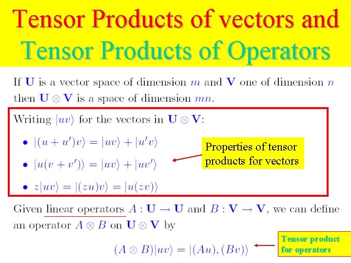 Tensor Products of vectors and Tensor Products of Operators Properties of tensor products for