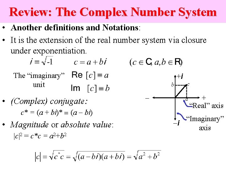 Review: The Complex Number System • Another definitions and Notations: • It is the