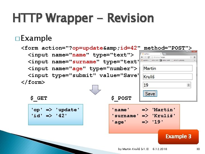 HTTP Wrapper - Revision � Example <form action="? op=update& id=42" method="POST"> <input name="name" type="text">