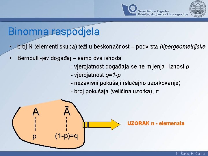 Binomna raspodjela • broj N (elementi skupa) teži u beskonačnost – podvrsta hipergeometrijske •