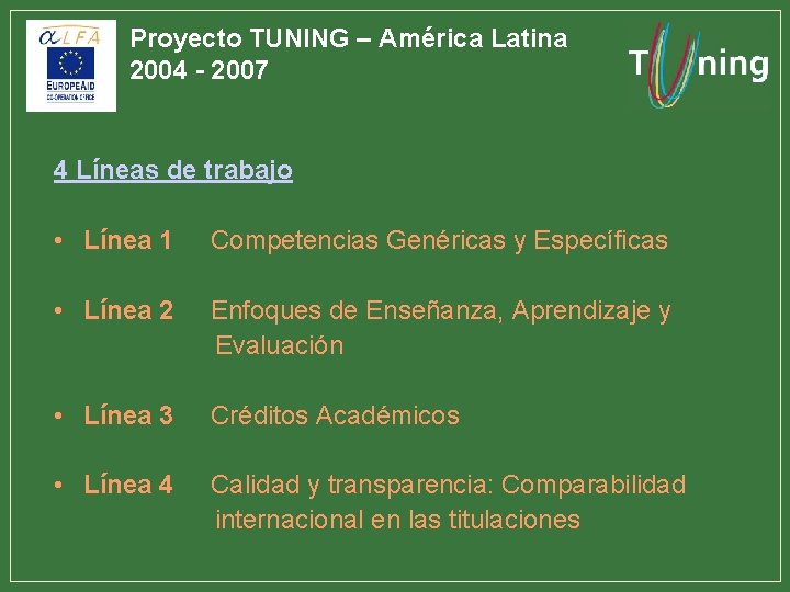 Proyecto TUNING – América Latina 2004 - 2007 4 Líneas de trabajo • Línea