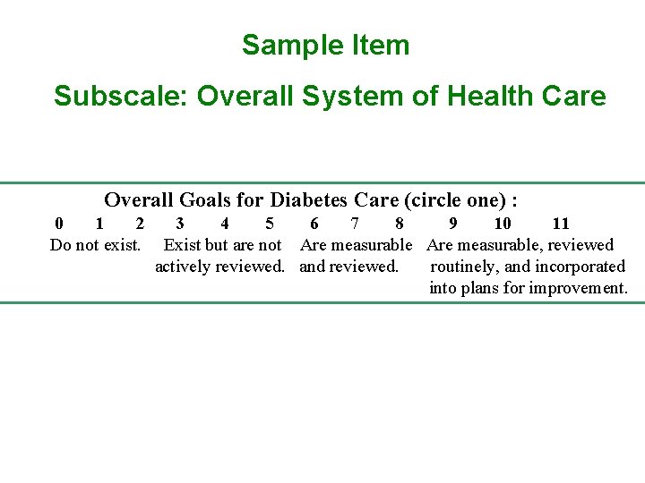 Sample Item Subscale: Overall System of Health Care Overall Goals for Diabetes Care (circle